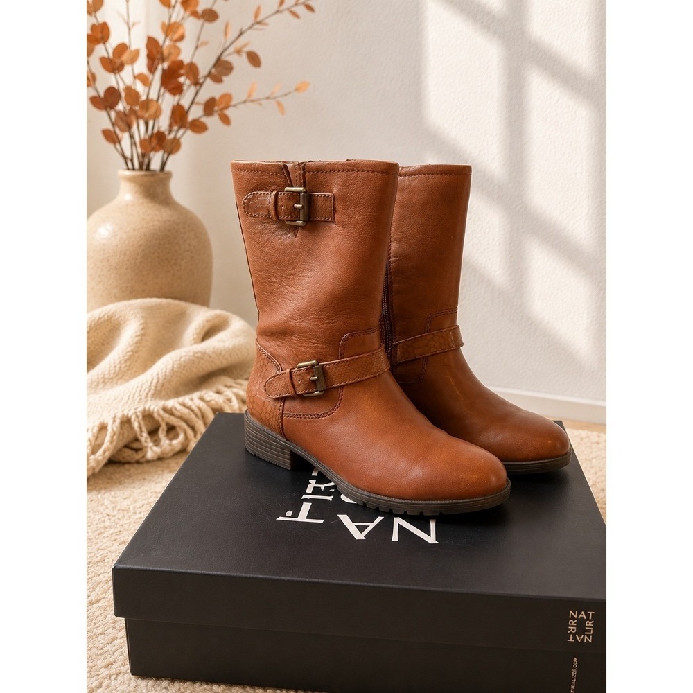 Naturalizer Genna Cider Spice Leather Moto Mid-Calf Boots Women's Size 7M